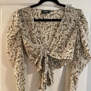 MissGuided White Floral Tie Front Puff Sleeve Top